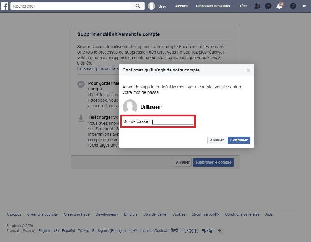 Entrez votre mot de passe pour supprimer votre compte Facebook.