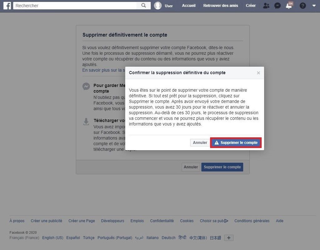 Supprimez votre compte Facebook définitivement.