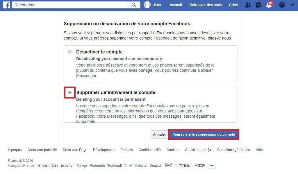 Comment supprimer définitivement son compte Facebook.