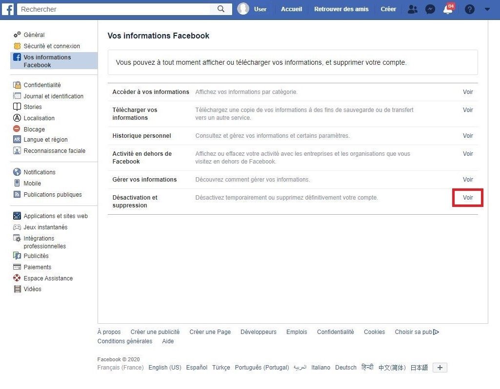 Désactiver ou supprimer son compte Facebook.