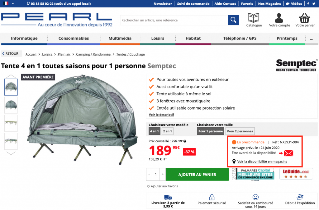 Voir la date d'arrivée d'un produit en stock sur Pearl.fr.