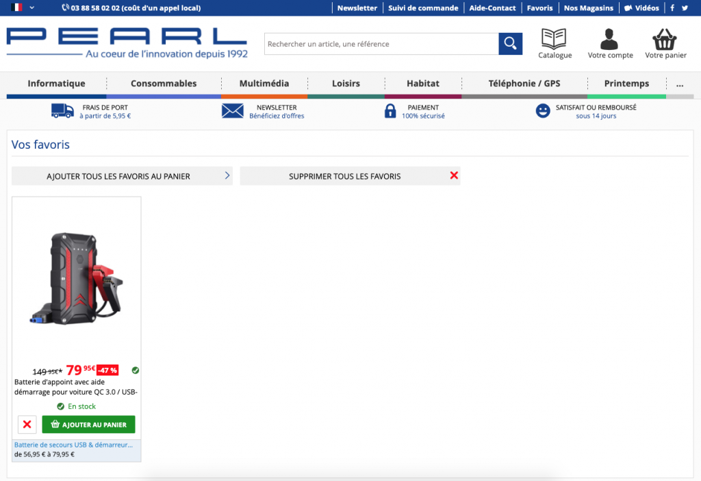 La pages des "Favoris" sur Pearl.fr.