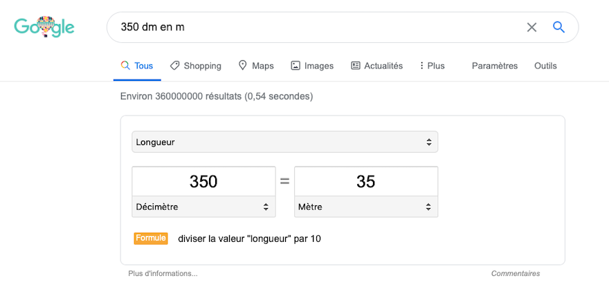 Conversion d'unité avec le moteur de recherche Google.