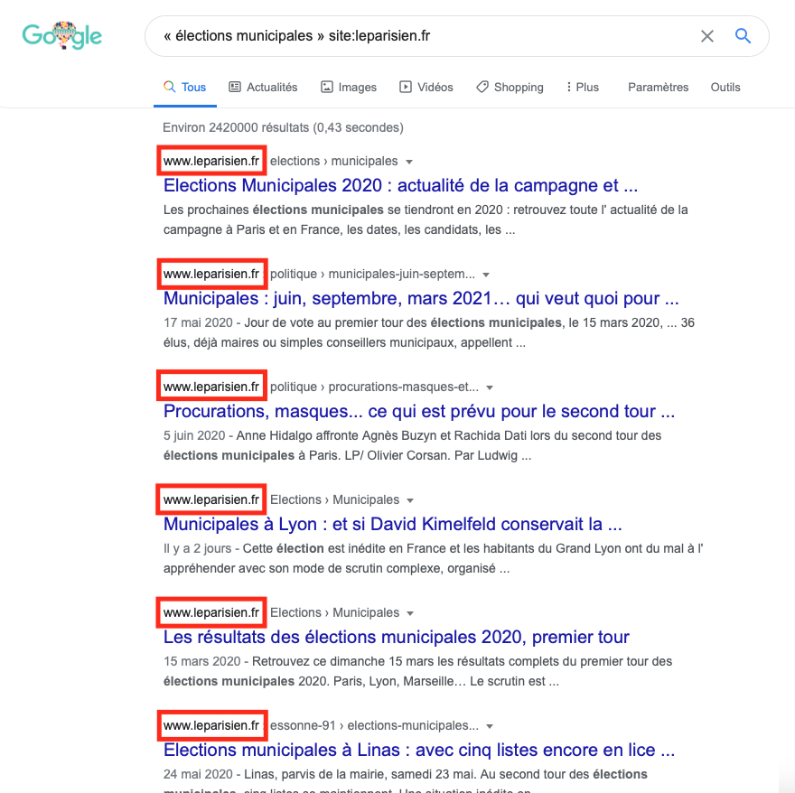 Exemple avec la commande site: de Google.