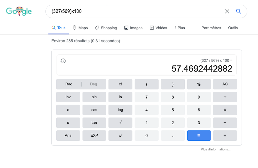 La calculatrice dans les résultats de recherche Google.