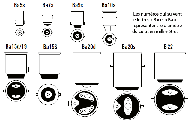 Les différents culot baïonnette type B