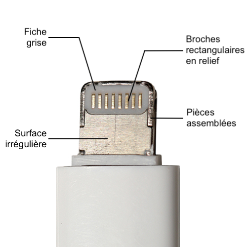 Les aspérités qui trahissent un câble Lightning contrefait.