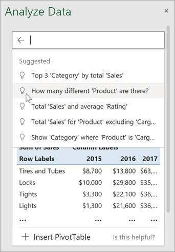 l'option Analyze Data de Microsoft Excel.