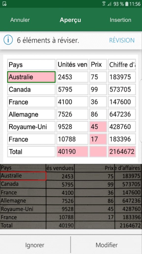 Le système de correction de la fonction "Insérer des données provenant d'une image" sur Excel.