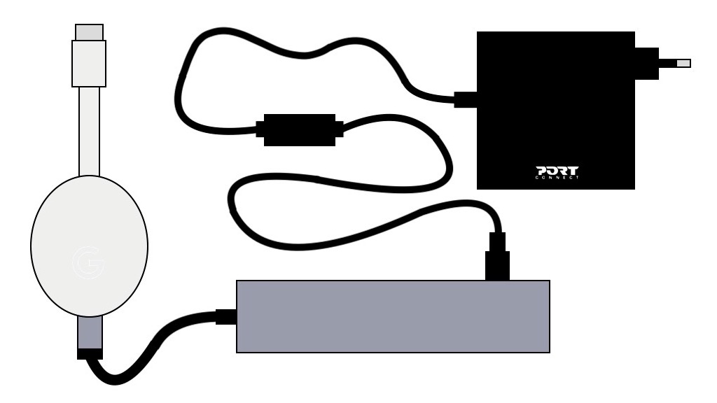 Schéma du branchement d'un boîtier Chromecast sur un Hub USB-C avec une alimentation de 45 W.