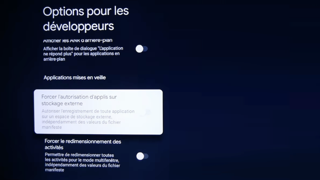 L'option pour forcer l'autorisation d'applis sur stockage externe de Chromecast.