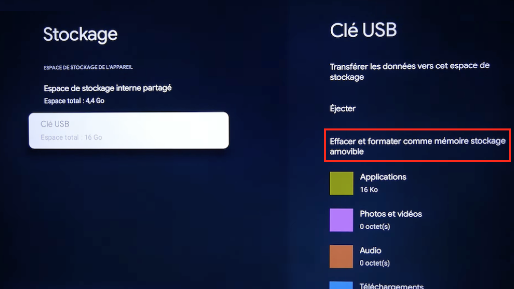 Effacer et formater une clé USB comme mémoire de stockage externe pour Chromecast.