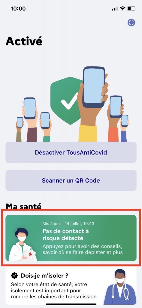 Bouton dans TousAntiCovid pour savoir si vous êtes cas contact.