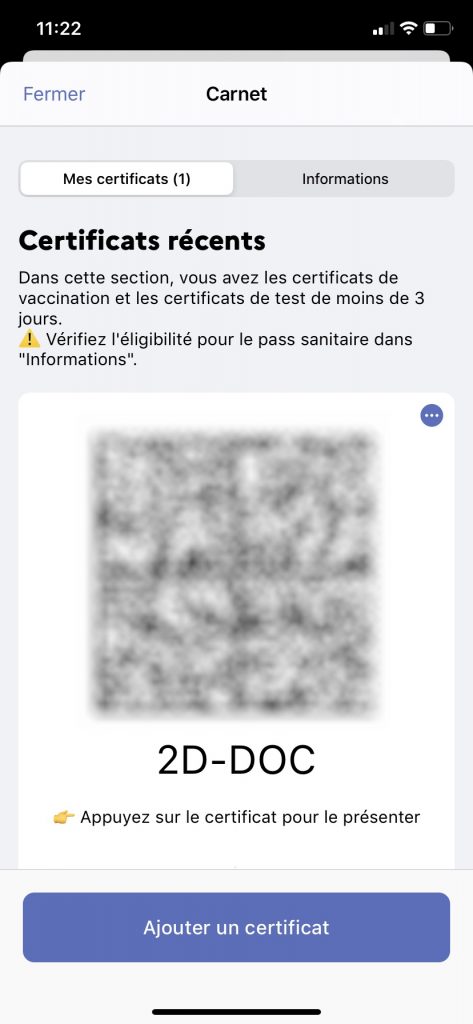 L'affichage du QR Code qui fait office de pass sanitaire dans l'application TousAntiCovid.