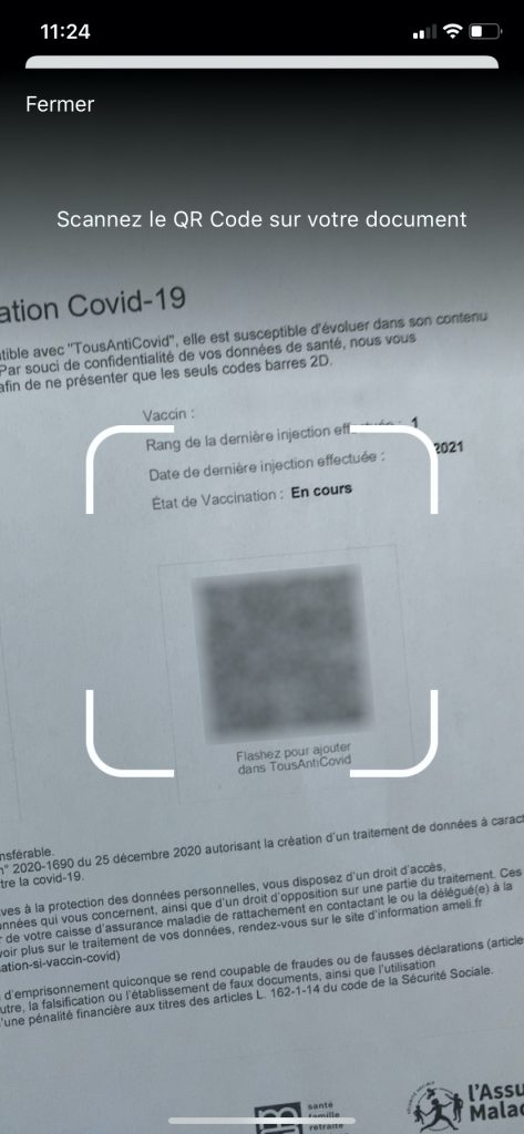 Fonction pour scanner le QR Code qui se trouve sur votre attestation de vaccination ou votre certificat de test PCR.