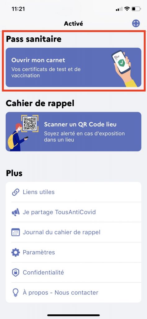 Accès à TousAntiCovid-Carnet dans l'application.