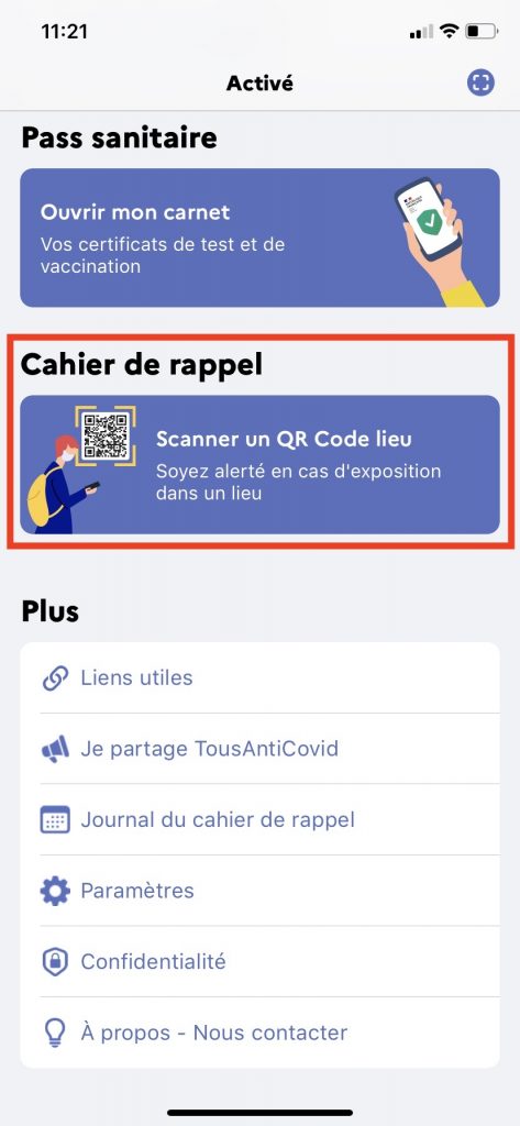 Accès à TousAntiCovid-Signal dans l'application.