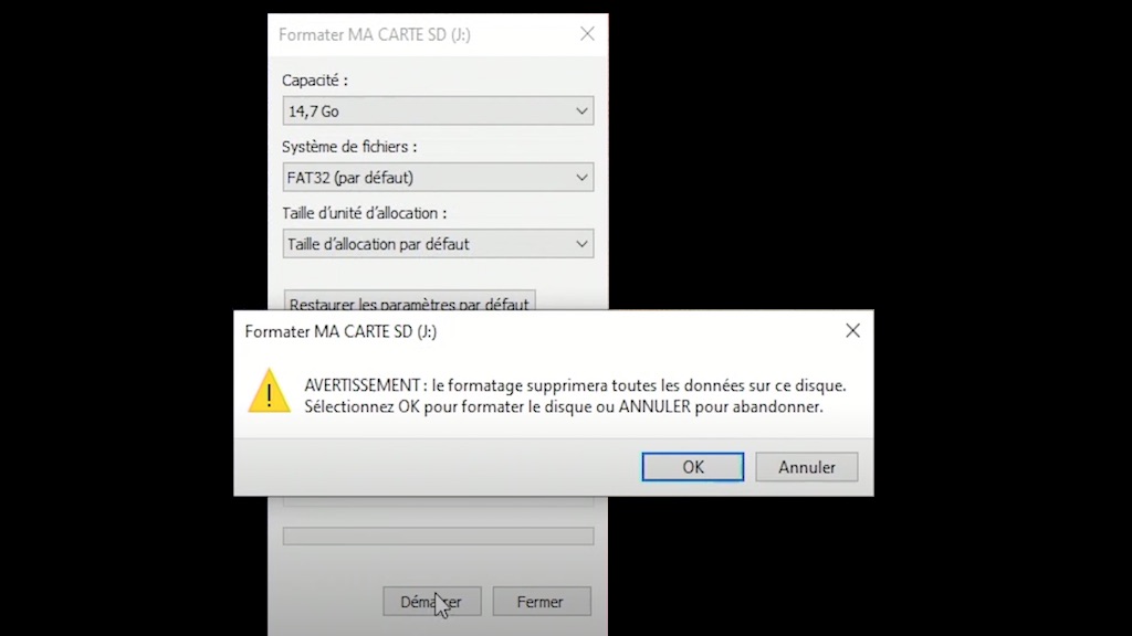 Le message d'avertissement qui apparait sous Windows avant de lancer le formatage d'un périphérique.