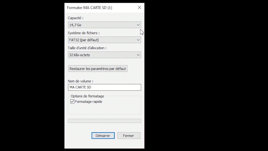 Le menu "Formater" de Windows avec les différents paramètres de formatage.