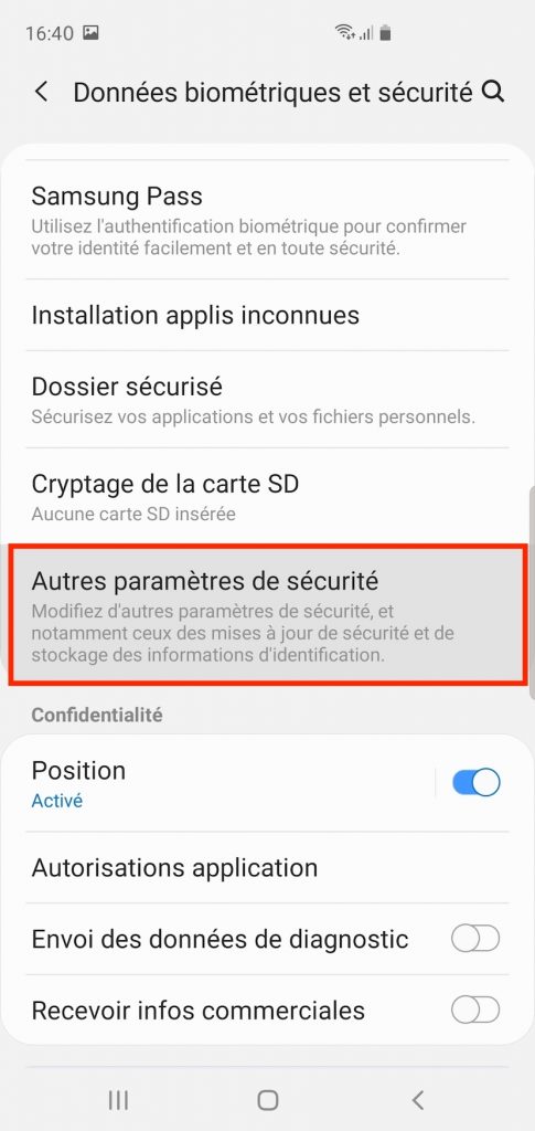 Les paramètres de sécurité d'un smartphone Samsung.