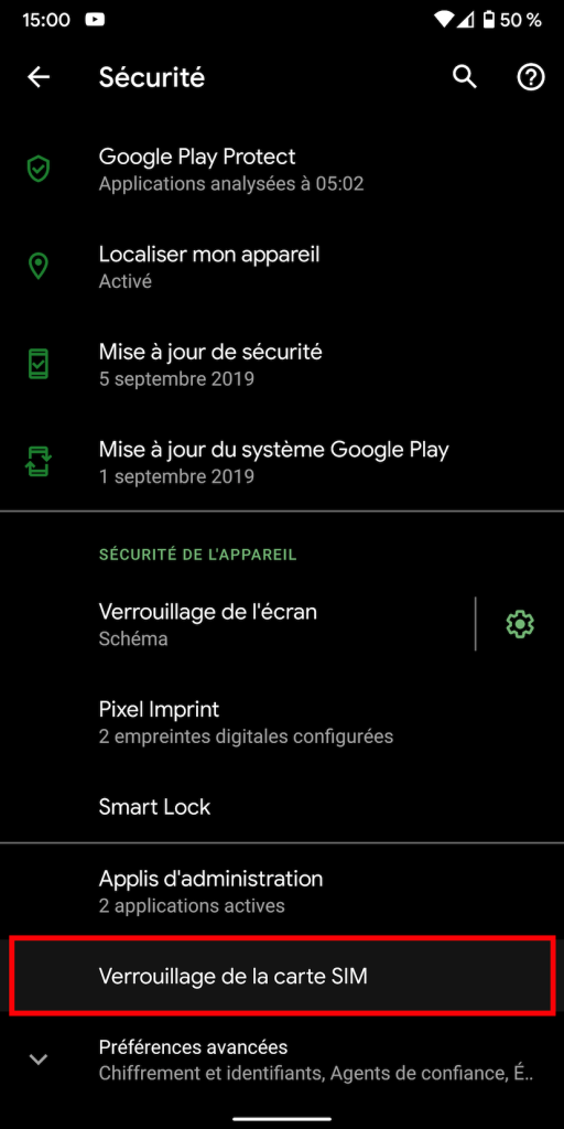 Le paramètre "Verrouillage de la carte SIM" sous Android.