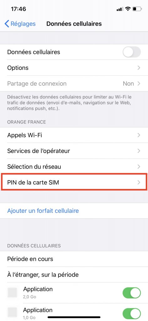 Le menu "PIN de la carte SIM" dans les réglages de l'iPhone.