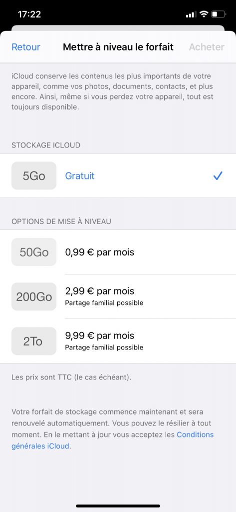 Les différents forfaits proposés par Apple pour augmenter votre stockage iCloud.