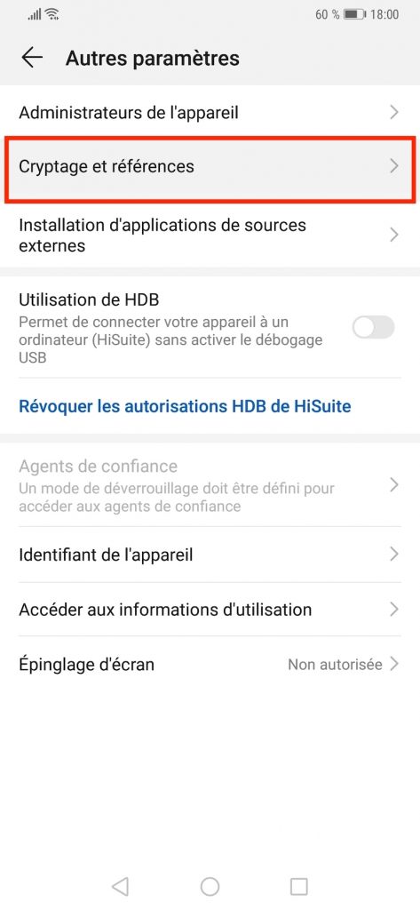 Menu "Cryptage et références" dans les paramètres du Huawei.