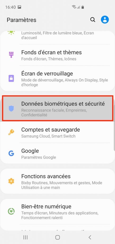 Accès aux données biométriques et sécurité sur un Samsung Galaxy.