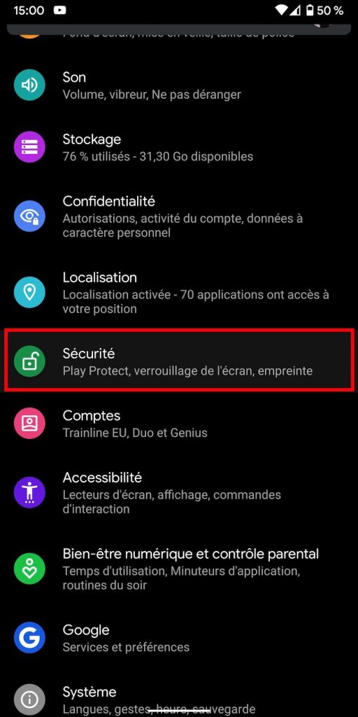 Le menu "Sécurité" dans les paramètres d'un smartphone Android.