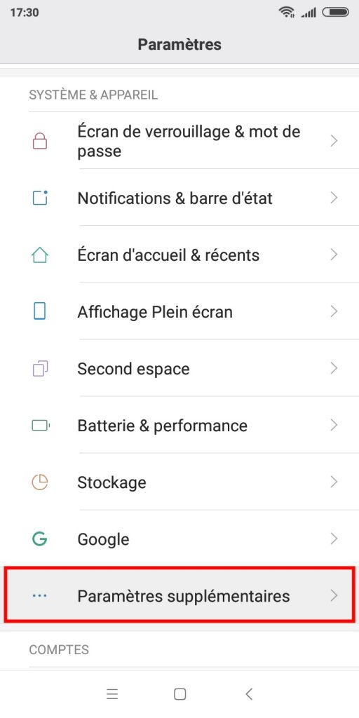 Paramètres supplémentaires du Xiaomi.