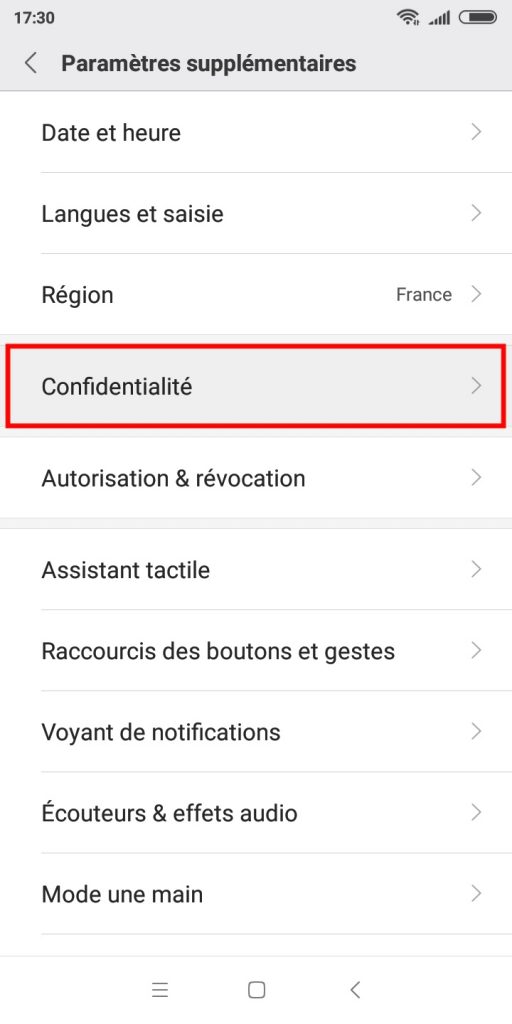 Le menu "Confidentialité" d'un smartphone Xiaomi.