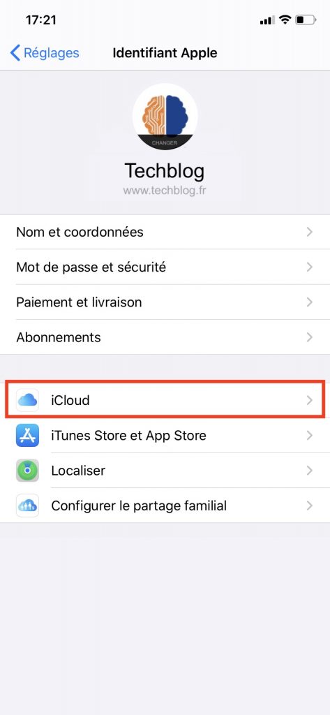 La section "iCloud" du menu "Identifiant Apple".