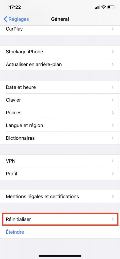 Le bouton pour réinitialiser votre iPhone dans le menu "Général".