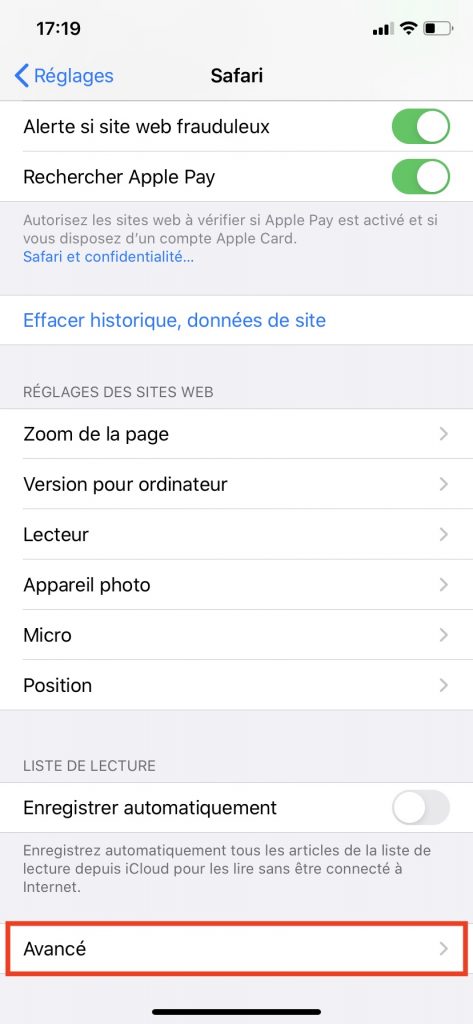 Les fonctions avancées du menu "Safari" dans les Réglages de l'iPhone.