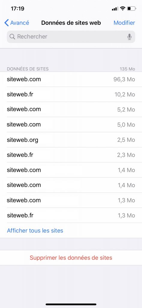 La liste de tous les sites web qui empruntent de l'espace de stockage sur votre iPhone.