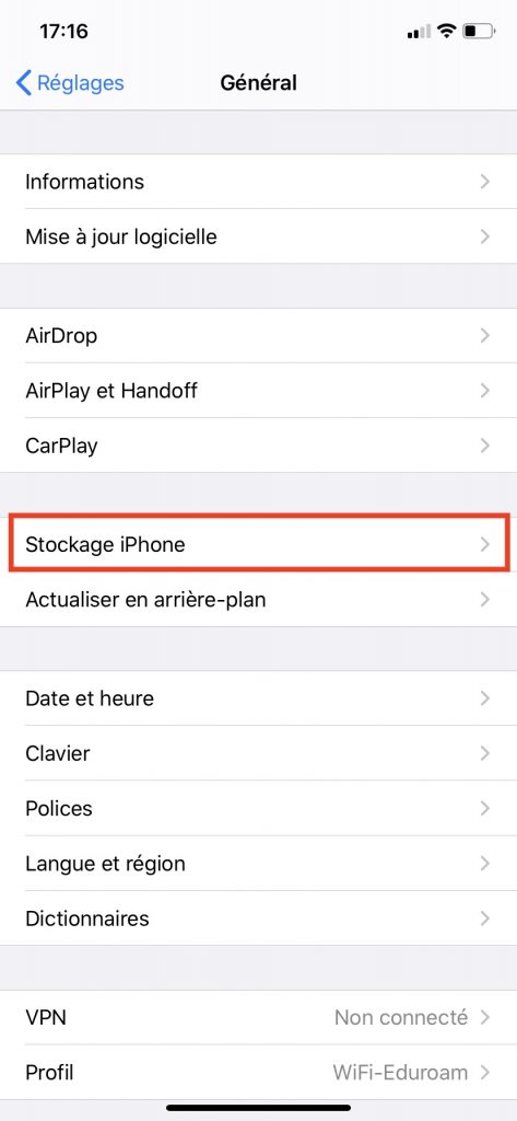 La gestion du Stockage iPhone dans les "Réglages".