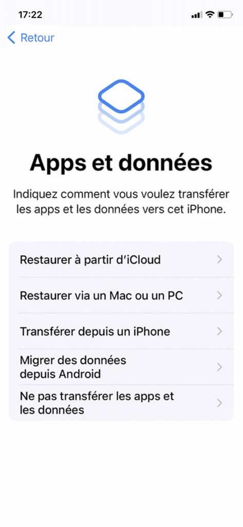 L'écran de sélection du mode de restauration des données sur votre iPhone.