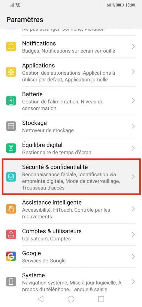 Paramètres de "Sécurité & confidentialité" sur les smartphones Huawei Technologies.