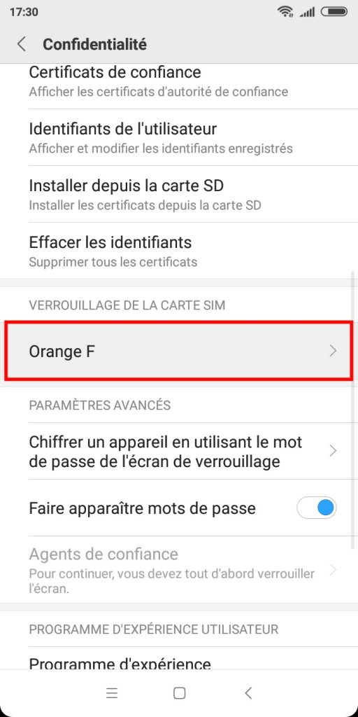 Sélection du verrouillage de la carte SIM.