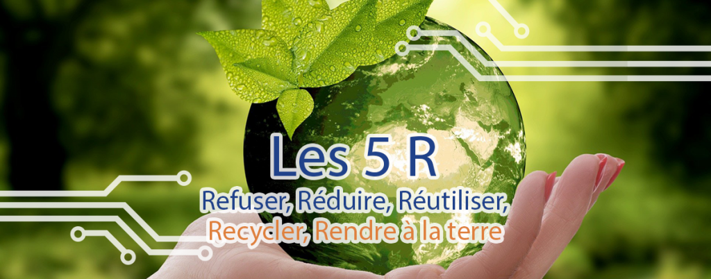 Réduire son empreinte écologique les 5 R : Refuser, Réduire, Réutiliser, Recycler, Rendre à la terre 