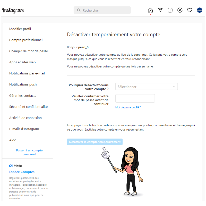 désactivation temporaire de votre profil Instagram
